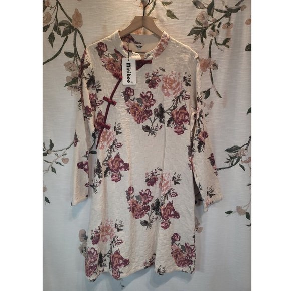 Minibee Asian Inspired Cotton Linnen Floral Dress Size Large NWT - Picture 1 of 10